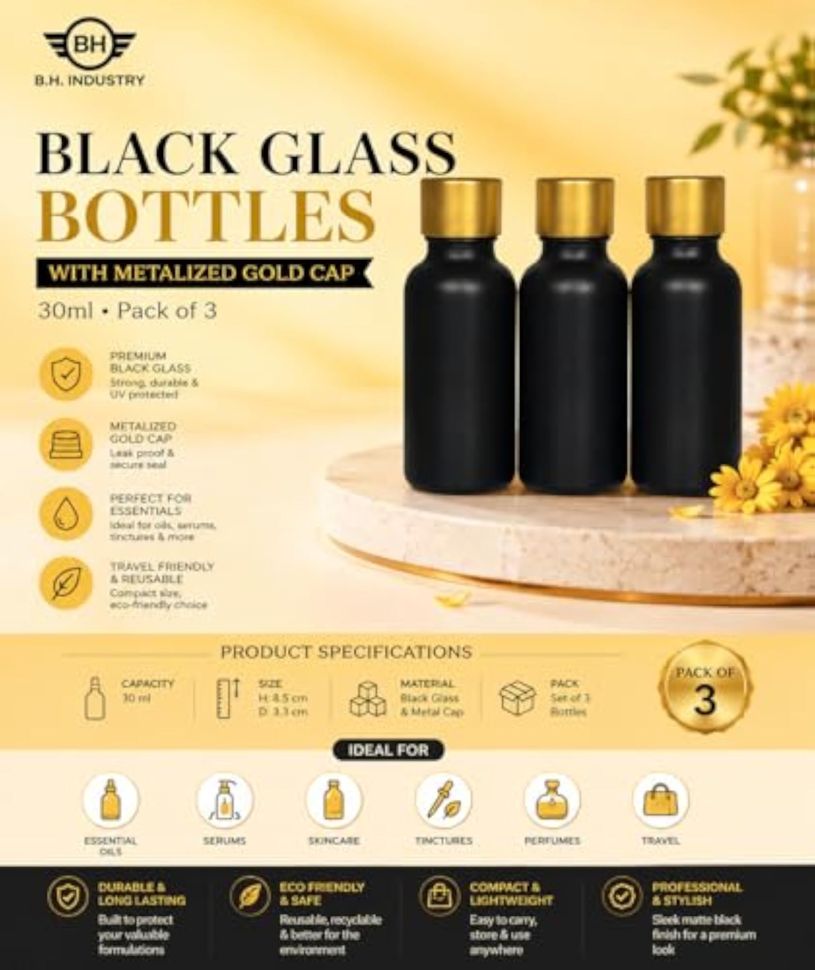 Black Glass Bottles with Metalized Gold Cap Pack of 3